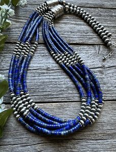 Sterling Silver Multi Strand Lapis W Pearls Bead Necklace. 28 inch