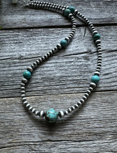 Load image into Gallery viewer, Southwestern Sterling Silver Turquoise 4mm Pearls Bead Necklace. 22 Inch. Gift