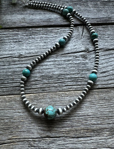 Southwestern Sterling Silver Turquoise 4mm Pearls Bead Necklace. 22 Inch. Gift