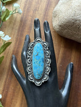 Load image into Gallery viewer, Native American Sterling Silver Kingman Turquoise Ring. Size 8. Leroy James