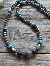 Load image into Gallery viewer, Sterling Silver Charoite Turquoise Bead Necklace. 22 Inch