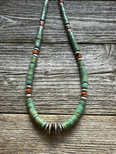 Load image into Gallery viewer, Mens Sterling Silver Green Turquoise Heishi Spiny Bead Necklace. 18 inch