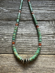 Mens Sterling Silver Green Turquoise Heishi Spiny Bead Necklace. 18 inch