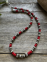Load image into Gallery viewer, Sterling Silver Red Coral W 6mm 4mm Pearls Bead Necklace 18 inch