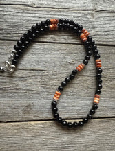 Load image into Gallery viewer, Sterling Silver Black Onyx Orange Spiny Oyster Bead Necklace. 18 Inch Gift