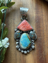 Load image into Gallery viewer, Navajo Native Sterling Silver Multi Stone Turquoise Red Spiny Oyster Pendant RY