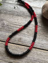 Load image into Gallery viewer, Sterling Silver Black Onyx W Red Coral Bead Necklace. 18 Inch