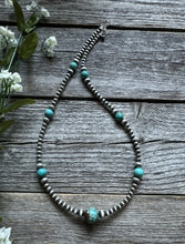 Load image into Gallery viewer, Southwestern Sterling Silver Turquoise 4mm Pearls Bead Necklace. 24 Inch. Gift