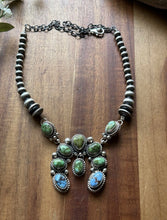 Load image into Gallery viewer, Navajo Sterling Silver Sonoran Gold Golden Hills Turquoise Lariat Naja Necklace