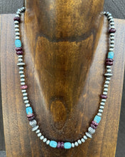 Load image into Gallery viewer, Sterling Silver Purple Spiny Oyster W Turquoise Pearls Bead Necklace. 18 inch