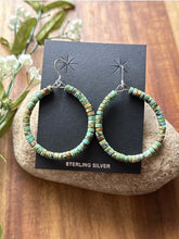 Load image into Gallery viewer, Sterling Silver Green Turquoise Heishi Bead Loop Hoop Earrings.