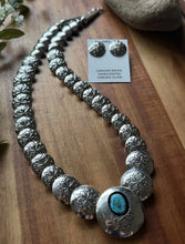 Load image into Gallery viewer, Navajo Sterling Silver Turquoise Stamped Pillow Beads Bead Necklace Earrings 22”