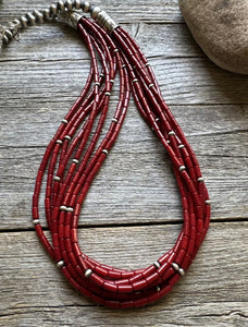 Sterling Silver Multi Strand Red Bamboo Coral W Pearls Bead Necklace 24 Inch