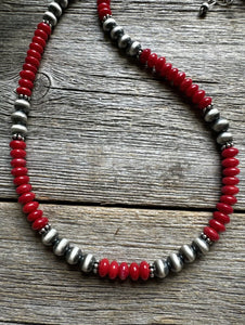 Southwestern 925 Sterling Silver Red Coral 6mm Pearls Bead Necklace 18 Inch