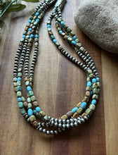 Load image into Gallery viewer, Sterling Silver Multi Strand Blue Green Turquoise Nuggets Pearls Bead Necklace