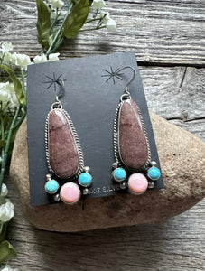 Navajo Sterling Silver Multi Stone Turquoise Pink Conch Earrings RY