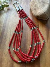 Load image into Gallery viewer, Sterling Silver Multi Strand Heishi Bamboo Coral Turquoise Bead Necklace 22 Inch