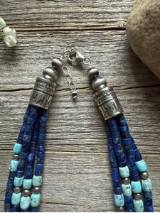 Sterling Silver Multi Strand Lapis Turquoise Pearls Choker Bead Necklace 14 inch
