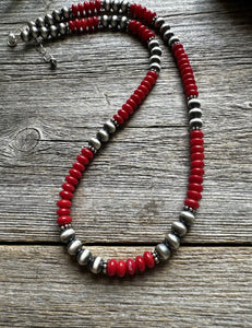 Southwestern 925 Sterling Silver Red Coral 6mm Pearls Bead Necklace 18 Inch