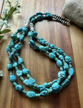 Load image into Gallery viewer, Sterling Silver Multi Strand Turquoise Nuggets Bead Necklace. 28 inch. Gift