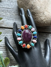 Load image into Gallery viewer, Navajo Sterling Silver Multi Stone Spiny Cluster Adjustable Ring. G James