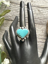 Load image into Gallery viewer, Native American Sterling Silver Blue Turquoise Adjustable Heart Ring. AM