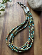 Load image into Gallery viewer, Sterling Silver Multi Strand Stone Blue Green Turquoise Nuggets Bead Necklace 24