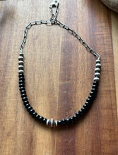 Load image into Gallery viewer, Sterling Silver Graduated Black Onyx Pearls Chain Bead Necklace. 16 Inch. Gift