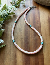 Load image into Gallery viewer, Sterling Silver Heishi Pink Conch Turquoise Bead Necklace 18 Inch