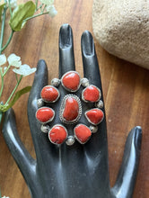 Load image into Gallery viewer, Navajo Native American Sterling Silver Red Coral Cluster Adjustable Ring. T Jon