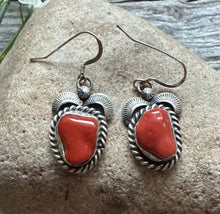 Load image into Gallery viewer, Navajo Native American Sterling Silver Red Coral Nuggets Earrings. Gift. 1.5”