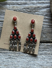Load image into Gallery viewer, Navajo Native American Sterling Silver Red Coral Cluster Earrings. Gift Geneva