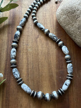 Load image into Gallery viewer, Sterling Silver White Buffalo Turquoise Nuggets W Pearls Bead Necklace. 18 inch
