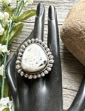 Load image into Gallery viewer, Navajo Sterling Silver White Buffalo Turquoise Adjustable Ring C Yazzie