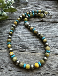 Sterling Silver Bumblebee Jasper Turquoise W Pearls Bead Necklace. 18 inch