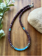 Load image into Gallery viewer, Sterling Silver Purple Spiny Oyster Heishi Turquoise Pearls Bead Necklace 18”