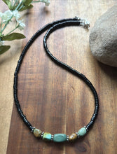 Load image into Gallery viewer, Sterling Silver Black Onyx Green Turquoise Nuggets Bead Necklace 18 inch Gift