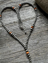 Load image into Gallery viewer, Sterling Silver Orange Spiny Oyster W Pearls Bead Lariat Y Necklace. 26 inch
