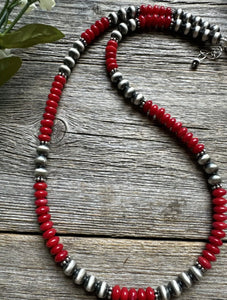Southwestern 925 Sterling Silver Red Coral 6mm Pearls Bead Necklace 18 Inch