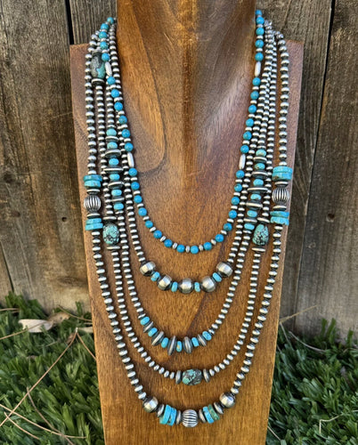 Lot of 5 Sterling Silver Turquoise Pearls Bead Necklaces Set. 16 - 24 inch. Gift
