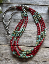 Load image into Gallery viewer, Sterling Silver Multi Strand Blue Green Turquoise Coral Pearls Bead Necklace 30”