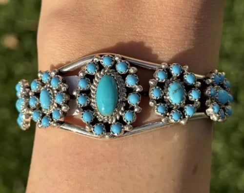 Navajo Native Sterling Silver Turquoise Cluster Cuff Bracelet Nathaniel Kirly