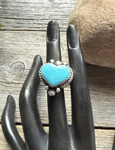 Load image into Gallery viewer, Native American Sterling Silver Blue Turquoise Adjustable Heart Ring. AM