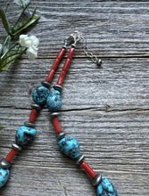 Load image into Gallery viewer, Natural Coral Kingman Turquoise Nuggets Sterling Silver Bead Necklace 18 Inch
