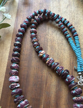 Load image into Gallery viewer, Sterling Silver Graduated Purple Spiny Oyster Turquoise Pearls Bead Necklace 26”