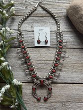 Load image into Gallery viewer, Mini Squash Blossom Sterling Silver Red Coral Shadow Box Necklace Set 22 Inch