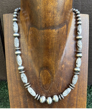 Load image into Gallery viewer, Sterling Silver White Buffalo Turquoise Nuggets W Pearls Bead Necklace. 18 inch