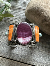 Load image into Gallery viewer, Andy Cadman Sterling Silver Purple Orange Spiny Oyster Cuff Bracelet. Navajo