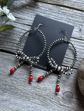 Load image into Gallery viewer, Sterling Silver Bow Red Coral Pearls Hoop Bead Earrings 3.5 Inch