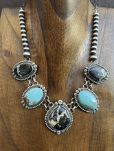 Load image into Gallery viewer, Navajo Sterling Silver Black Jack Kingman Turquoise Lariat Pearls Chain Necklace
